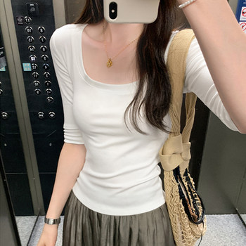 Lyocell Tencel U-Neck Mid-Sleeve T-Shirt for Women, Summer Korean Style, Pure and Alluring, Revealing Collarbone, Slim Fit, Age-Reducing Base Top