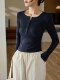 Chic Buttoned Long Sleeve T-Shirt for Women, New Autumn/Winter Style, Elegant and Versatile, Waist-Cinching Ruched Base Layer Top
