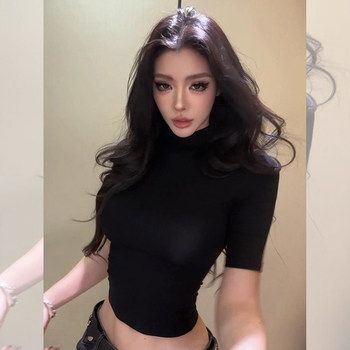 Sexy Hot Girl Black Half-Sleeve T-Shirt for Women, Summer and Autumn, Pure and Alluring Style, Slim Fit, Short, Tight-Fitting, Regular Shoulder Short-Sleeve Top