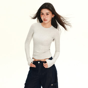 Threaded American-Style Fitted Straight-Shoulder Long-Sleeve T-Shirt for Women, Autumn and Winter Inner Wear, Slim Fit, Versatile, Slimming Base Layer Top