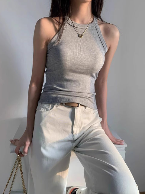 Halter Neck Camisole T-Shirt for Women, 2025 New Style, Sexy One-Piece with Built-In Bra Pads, Beautiful Back, Outerwear Top for Summer