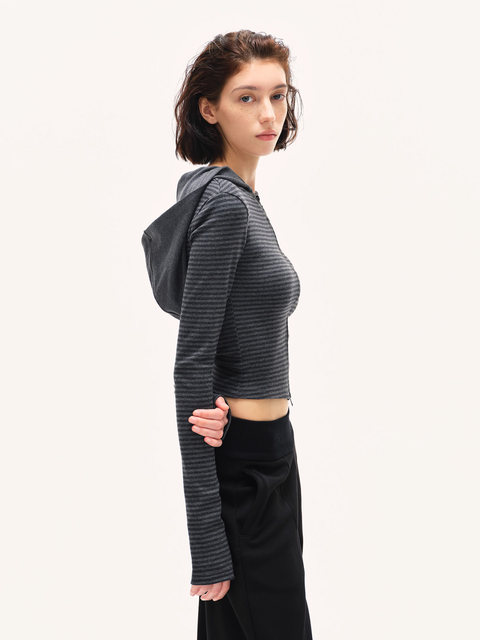 American-Style Spicy Girl Slim-Fit Striped Hooded Sweatshirt Jacket for Women, Autumn and Winter Minimalist Style, Slimming, Regular Shoulder, Short, Fitted Hoodie