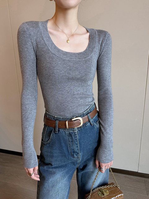 Autumn and Winter U-Neck Long-Sleeve Base Layer Shirt for Women 2025 New American Style Slim Fit Versatile Regular Shoulder Top