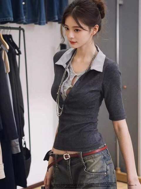 Fake Two-Piece Polo Collar Short-Sleeved T-Shirt for Women, New Summer Style, American Retro Lace Color-Blocking Slim-Fit Half-Sleeve Top