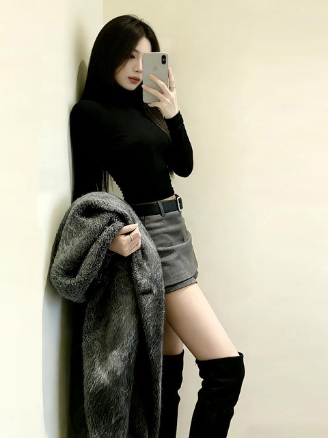 Pure Desire Style Black Long Sleeve T-Shirt for Women, Spring/Autumn/Winter 2026 New Model, Half-High Collar Slim Fit Base Layer Top