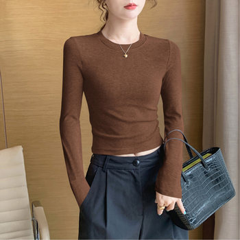Melard Coffee-Colored Round-Neck Base Shirt for Women, Autumn and Winter Inner Wear, Tight-Fitting, Short Style for Petite Figures, Slimming and Flattering T-Shirt Top