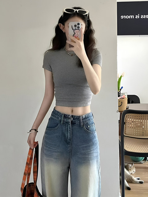 American-Style Sweet and Spicy Short Round-Neck Short-Sleeve Women's Summer Outerwear, Tight-Fitting, Figure-Flattering, Slimming Inner Top T-Shirt