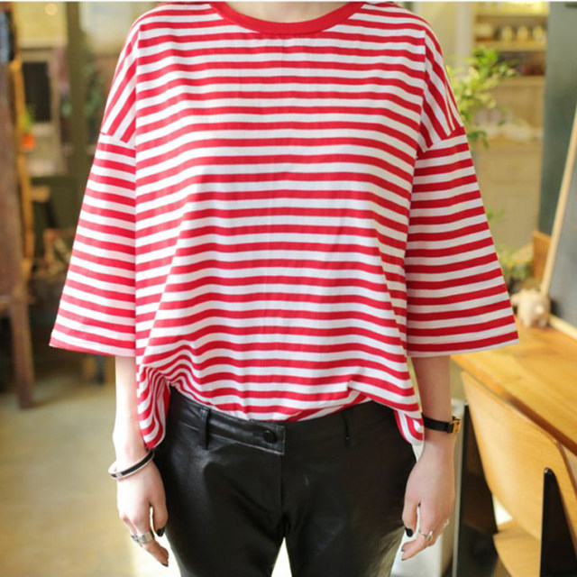 Red and White Striped Mid-Sleeve T-Shirt for Women, Batwing Sleeve, Loose Fit, Student Style, Ins Half-Sleeve Top, Summer and Autumn Korean Style Loose Base Shirt