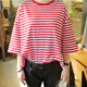 Red and White Striped Mid-Sleeve T-Shirt for Women, Batwing Sleeve, Loose Fit, Student Style, Ins Half-Sleeve Top, Summer and Autumn Korean Style Loose Base Shirt