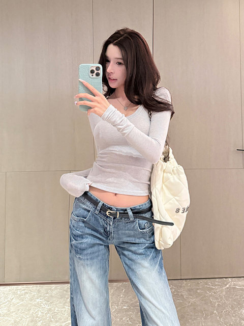 Sweet and Spicy Girl Sexy Low-Cut U-Neck Top for Women, Autumn and Winter American Style Short Slim-Fit Long-Sleeve Stretchy Inner T-Shirt Base Layer