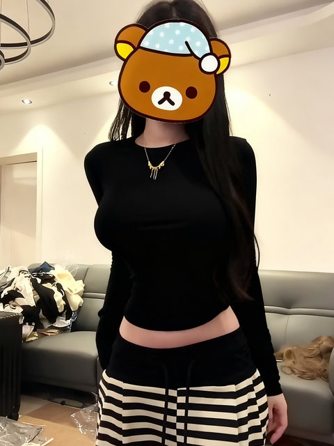 Pure Desire Hot Girl Style Long Sleeve T-Shirt for Women, Autumn and Winter Slim Fit Base Layer, Waist-Cinching Slimming Short Top