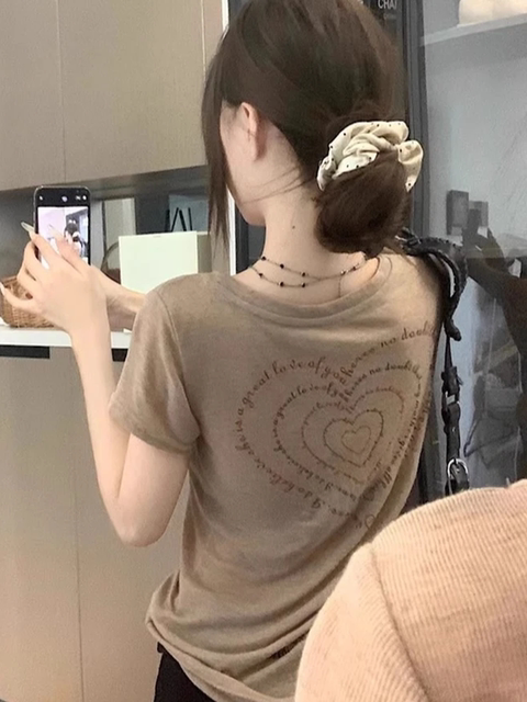 Lyocell Tencel Short-Sleeve T-Shirt for Women, Summer Sexy Hot Girl Slightly Sheer Printed V-Neck Waist-Cinching Slimming Blouse Top Trendy