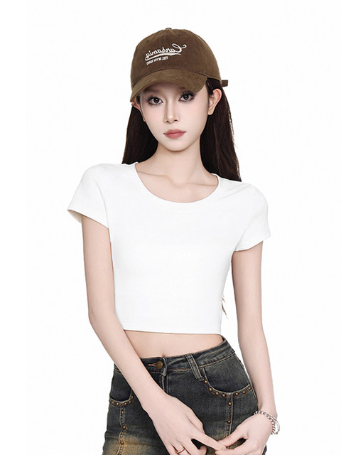Trendy Short Round-Neck Short-Sleeve T-Shirt for Women, 2025 Summer Korean Style, Versatile Top for Petite Figures