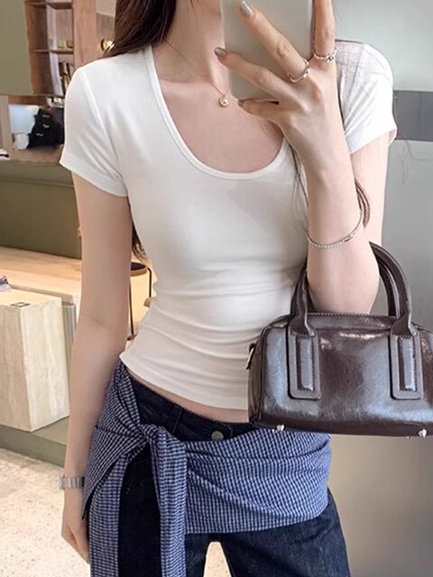 Spicy Girl Style Elastic U-Neck Short-Sleeve T-Shirt for Women, Summer Tight-Fitting, Figure-Flattering, Slim-Fit Short Base Shirt, Gray Crop Top