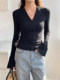 Tight Cuffs Slit Inner Bottoming Knitwear Women's Autumn and Winter Figure-Showing Slimming Look Chic Bell-Sleeved V Neck Top