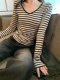 Contrast Color Striped V-Neck Long-Sleeve T-Shirt for Women, Autumn/Winter 2025 New Korean Style Slim Fit Base Layer Chic Top