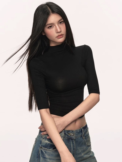 Half-High Collar, Mid-Sleeve, Tight-Fitting T-Shirt for Women, Spring and Autumn 2026 New Style, Slimming Half-Sleeve, Slim-Fit Five-Quarter Sleeve Top