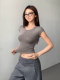 Hot Girl Short Tight Round Neck Bottoming T-Shirt Women's Summer American Pure Lust Style Slim Right Shoulder Slim Crop Top