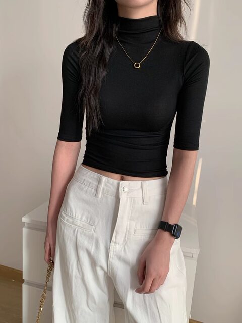 American Style Spicy Girl Half-High Collar Mid-Sleeve Tight-Fitting T-Shirt for Women, Summer 2025 New Slim-Fit Flattering Five-Quarter Sleeve Top