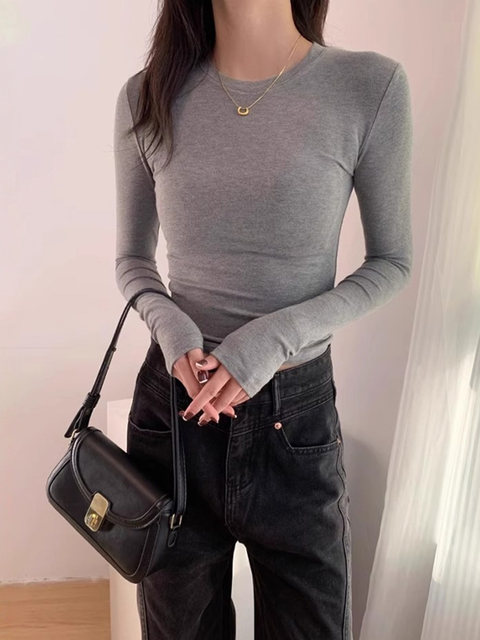 Trendy Hot Girl Long-Sleeve T-Shirt with Mask Design, Women's Autumn and Winter Slim-Fit Top with Cinched Waist, Regular Shoulders, Slimming Inner Layer, Round Neck Base Shirt