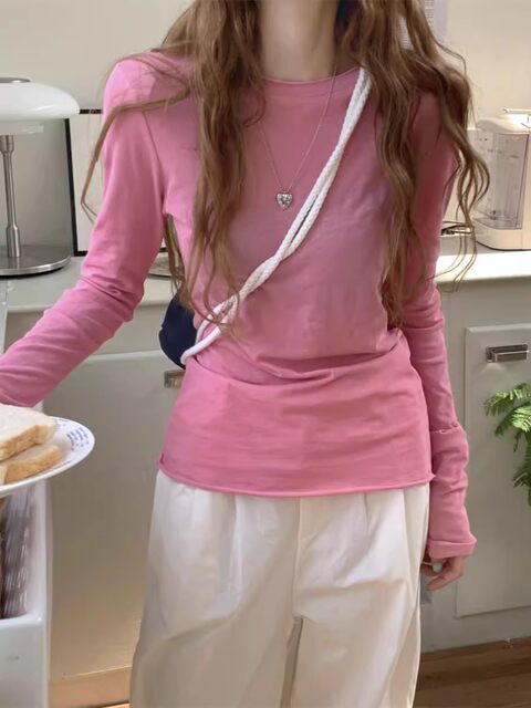 Hong Kong Style Sexy Slightly See-Through Thin Long-Sleeve Base Shirt Slimming White T-Shirt for Women New Round Neck Slim-Fit Sun Protection Top