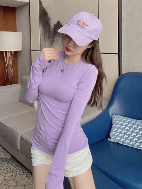 American-Style Spicy Girl Tight-Fitting Purple Long-Sleeve T-Shirt for Women, Super Stylish and Slimming Round-Neck Base Shirt for Autumn and Winter