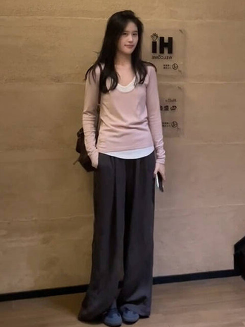 Fake Two-Piece U-Neck Long-Sleeve T-Shirt for Women, New Spring and Autumn Korean Style, Lazy Style, Slim Fit, Inner Layering Top