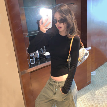 American-Style Tight-Fitting Round-Neck Long-Sleeve T-Shirt for Women, Perfect for Fall and Winter, Versatile, Stylish, Slim-Fitting, Flattering Base Layer Top