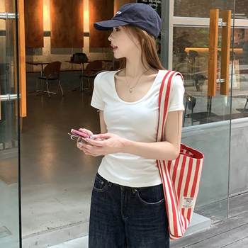 Korean-Style U-Neck Slim-Fit T-Shirt Short-Sleeve Women's 2025 Summer New Niche Design Solid Color Versatile Top