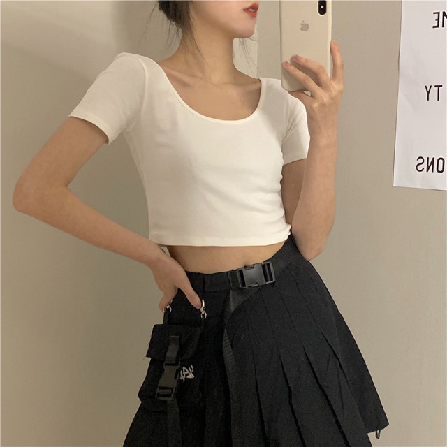 Summer and Autumn Low-Neck High-Waisted Short-Sleeved T-Shirt for Women, Pure Cotton, Cropped U-Neck Base Shirt, Tight-Fitting, Stylish Jazz Dance Top
