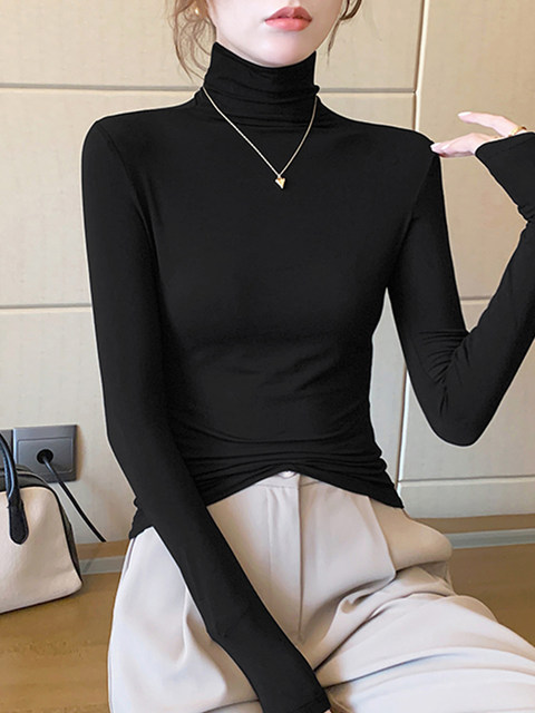 Melard Coffee-Colored High-Neck Long-Sleeve Base Shirt T-Shirt for Women, Autumn and Winter American Style Slim-Fit Slimming Turtleneck Top