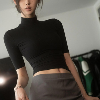 American-Style Black Half-High Collar Mid-Sleeve T-Shirt for Women, Autumn Sexy Tight-Fitting Slim-Fit Inner Layer Short Top