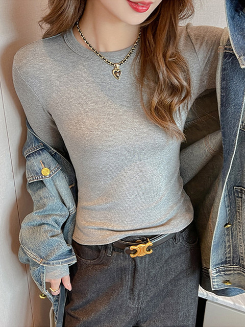 Solid Color Round Neck Long-Sleeve T-Shirt for Women, Autumn and Winter Base Layer, Slim Fit, Basic Versatile Top for Outerwear