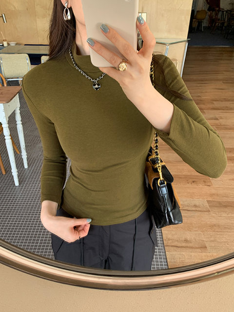American-Style Spicy Girl Half-High Collar Long-Sleeve T-Shirt for Women, Autumn and Winter Design, Niche Tight-Fitting Inner Layer, Three-Quarter Sleeve Top