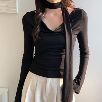 Off-The-Shoulder T-Shirt with Detachable Ribbon, One-Shoulder Design, Women's Autumn and Winter New Style, Stylish and Elegant Top