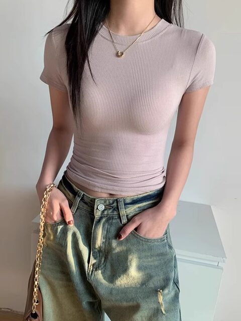 American Style Spicy Girl Shoulder-Baring T-Shirt for Women, Spring/Summer 2025 New Slim-Fit Short-Sleeve Top, Versatile and Flattering