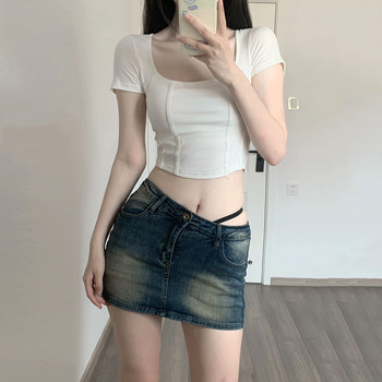 Square Neck Fishbone Waist-Cinching Short-Sleeve T-Shirt for Women, 2025 Summer New Slim-Fit Cropped Top, Spicy Girl Base Shirt