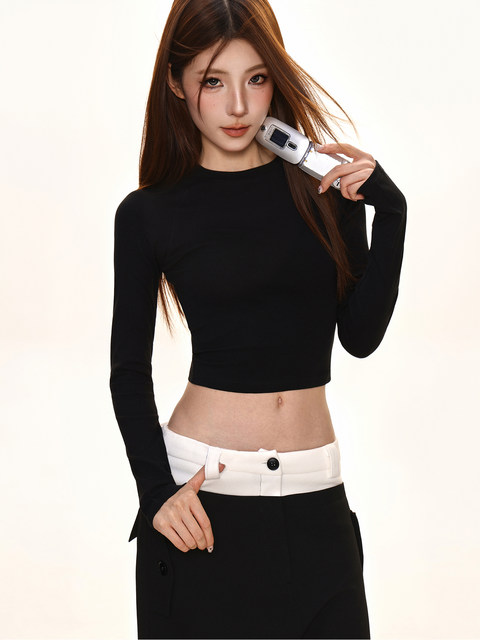 Pure Desire Hot Girl Round Neck Long Sleeve T-Shirt for Women, Early Autumn Korean Style, Waist-Cinching, Slimming, Inner Layering Top, Cropped Top