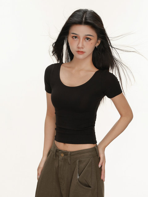 American Sexy Tight-Fitting Short-Sleeved T-Shirt for Women Summer 2025 New Pure Desire Front and Back U-Neck Slim Sexy Short Top