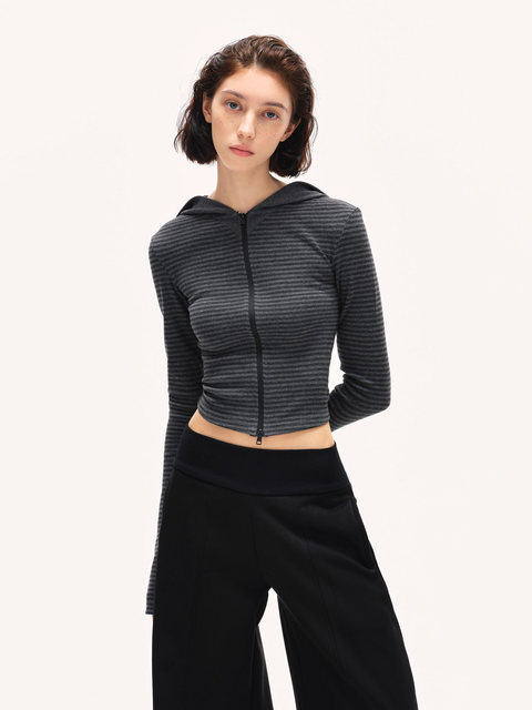 American-Style Spicy Girl Slim-Fit Striped Hooded Sweatshirt Jacket for Women, Autumn and Winter Minimalist Style, Slimming, Regular Shoulder, Short, Fitted Hoodie