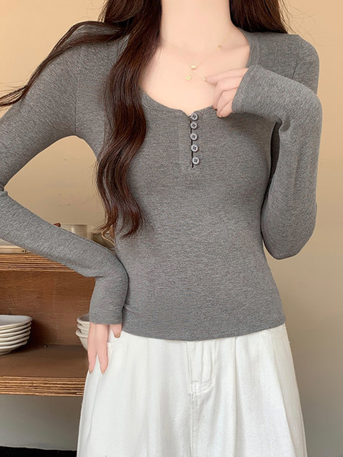 Stylish U-Neck Buttoned Long-Sleeve T-Shirt for Women, Early Autumn, Super Attractive, Trendy, Slimming, Chic, Unique Base Layer Top