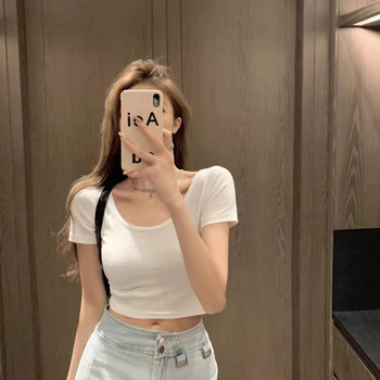 Short U-Neck Regular Shoulder Short-Sleeve T-Shirt for Women, Summer 2025 New Style, Sexy and Trendy, Waist-Revealing, Slimming, Unique Top