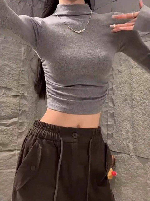 Slim-Fit Ruched Waist Long-Sleeve T-Shirt for Women, Autumn and Winter American Style, Flattering and Waist-Cinching Short Base Layer Top