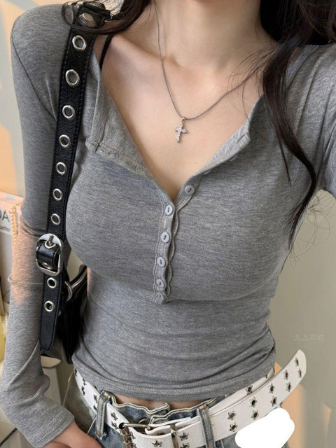 American Retro Style Half-Open Collar Long-Sleeve T-Shirt for Women, Autumn and Winter Korean Style, Regular Shoulder, Slim Fit, Slimming Inner Layer Top