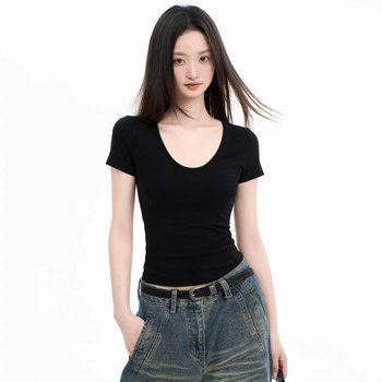 Black U-Neck Short-Sleeve T-Shirt for Women, Summer Sexy Low-Neck Revealing Collarbone, Slim Fit, Regular Shoulder, Slimming Base Shirt Top
