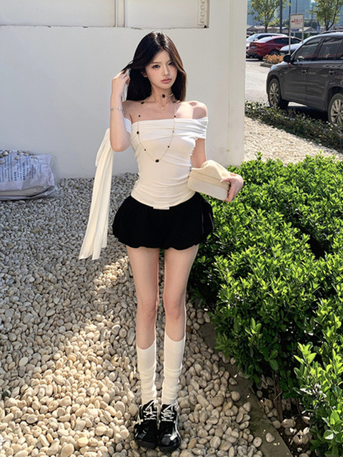 One-Shoulder Strapless T-Shirt for Women 2025 Summer and Autumn Korean Style Pure Desire Hot Girl Comfortable Slim Fit Off-Shoulder Top