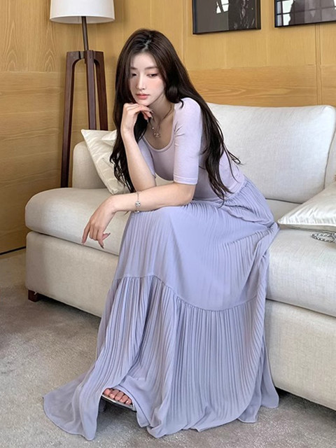 Front and Back U-Neck Sexy Short-Sleeve Base T-Shirt for Women, Spring and Summer Tight-Fitting Mid-Sleeve Pure Desire Slimming Stretchy Light Purple Top