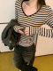 Contrast Color Striped V-Neck Long-Sleeve T-Shirt for Women, Autumn/Winter 2025 New Korean Style Slim Fit Base Layer Chic Top