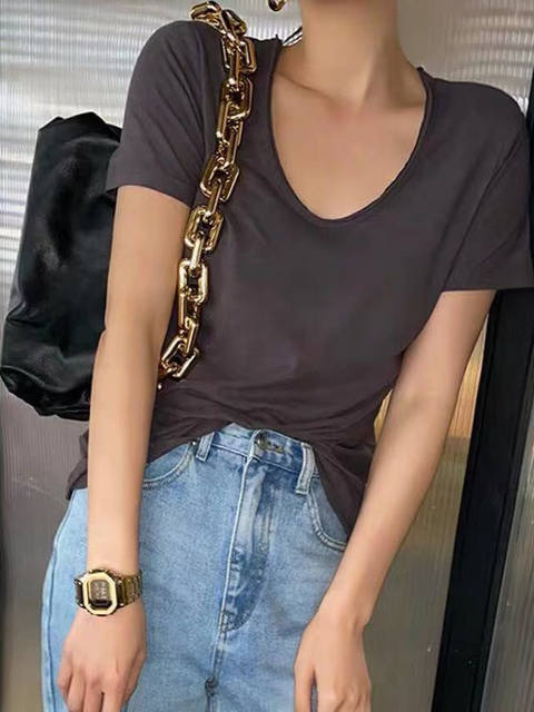 White T-Shirt for Women 2025 Spring and Summer Tattered Slim Short-Sleeved Fashionable V Neck Pure Color Versatile Sweetheart Collar Bottoming Top Trbottomy