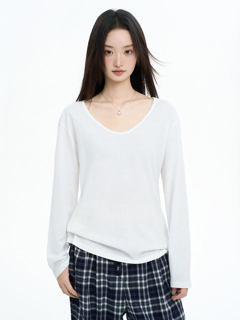 Casual White V-Neck Long-Sleeve T-Shirt for Women, Autumn/Winter 2025 New Style, Loose Fit, Slimming, Layering, Versatile Base Layer Top